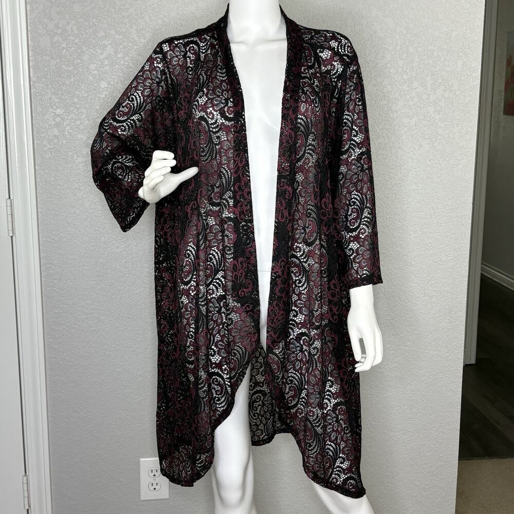 NEW Catherines Kimono Floral Open Front Sheer Lace Cardigan Pink Black Size 3X